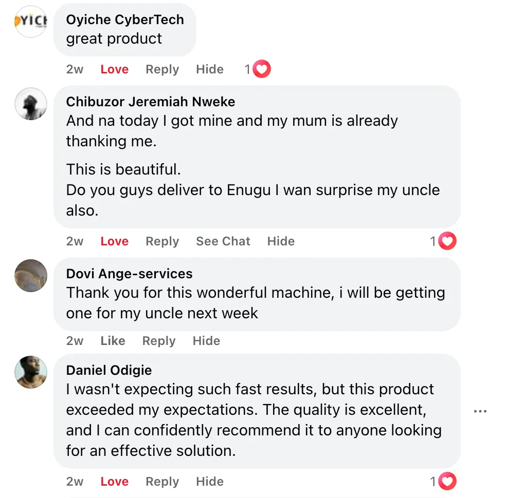 Facebook comments from customers